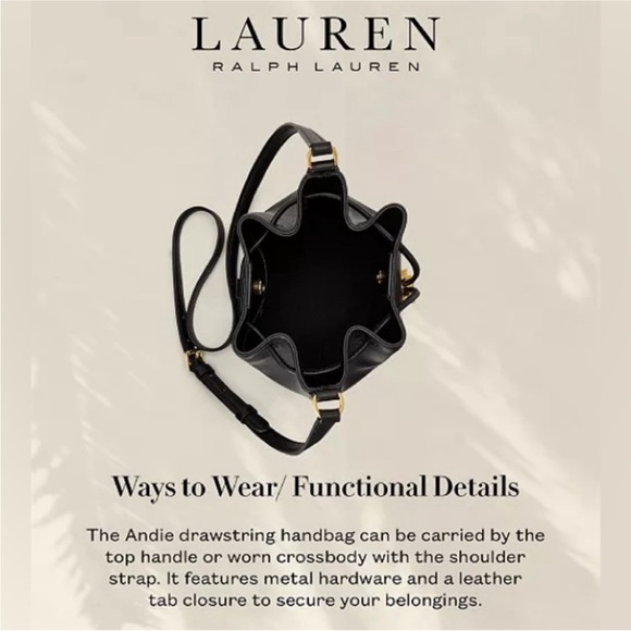 Lauren Ralph Lauren Black Smooth Leather Medium Andie Drawstring Bag, New w/Tag - Picture 8 of 15